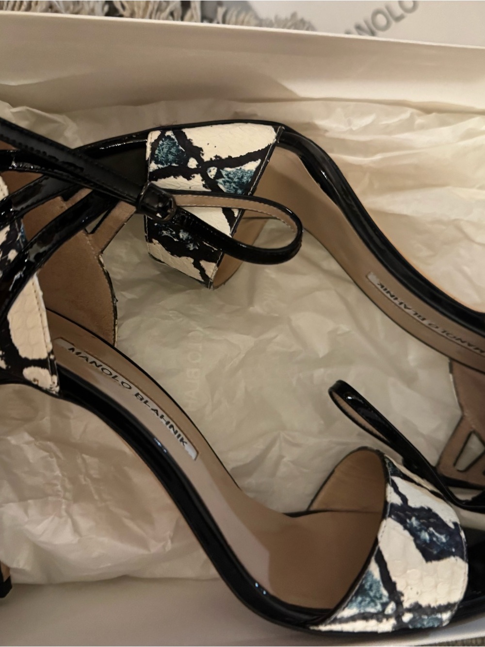 Vintage Manolo Blahnik Riah Black & Ivory Patterned Leather High Heel Sandals - Picture 2 of 3
